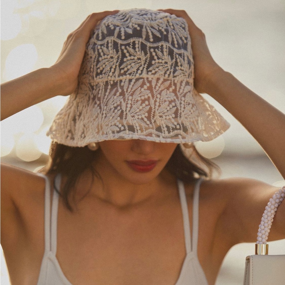 Anthropologie Embroidered Tulle Bucket Hat Ivory Lace NWOT